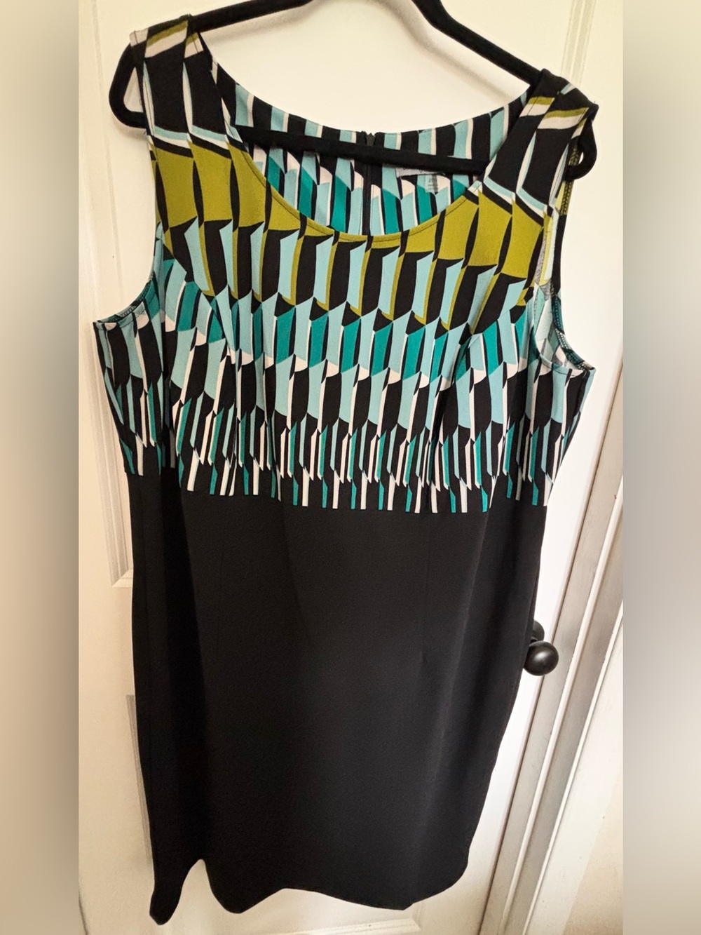 Danny & Nicole Black Midi Dress with Teal, Olive and White Geometric Bodice